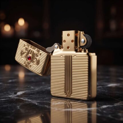 Orijinal Zippo Armor çakmak, altın tonlu gövdesi, kılıç temalı kabartmalı tasarımı ve kırmızı taş detaylı görünümüyle öne çıkan kalın gövdeli premium Zippo çakmak modeli – Ateş Premium Armor Zippo koleksiyonu.