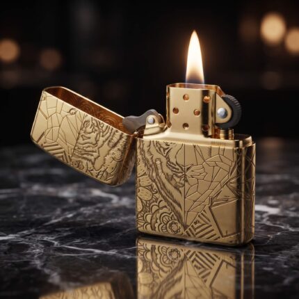 Orijinal Zippo Armor çakmak, gold tonlu gövdesi, kaplan figürü, geometrik çizgileri ve dekoratif motifleriyle öne çıkan kalın gövdeli premium Zippo çakmak modeli – Ateş Premium.