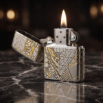 Orijinal Zippo Armor çakmak, silver gövdesi, gold kaplan figürü ve geometrik çizgisel detaylarıyla öne çıkan kalın gövdeli premium Zippo çakmak modeli – Ateş Premium.