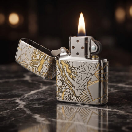 Orijinal Zippo Armor çakmak, silver gövdesi, gold kaplan figürü ve geometrik çizgisel detaylarıyla öne çıkan kalın gövdeli premium Zippo çakmak modeli – Ateş Premium.
