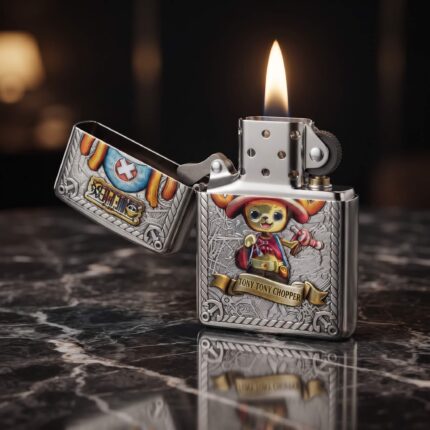 Orijinal Zippo Armor çakmak, silver gövdesi, Tony Tony Chopper karakter figürü ve renkli kabartmalı One Piece anime temasıyla öne çıkan kalın gövdeli premium Zippo çakmak modeli – Ateş Premium.